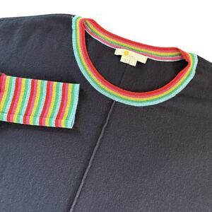 Boden Women US 12(UK 16) Blue Long Sleeve Scoop Neck Shirt Rainbow Cuffs/Neck
